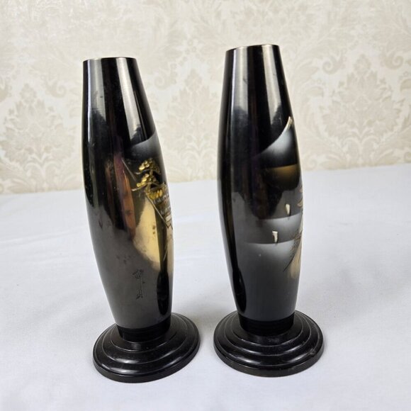Pair of Japanese Bronze Bud Vases Snow Capped Mt Fuji Village Etching Vintage - Picture 4 of 13